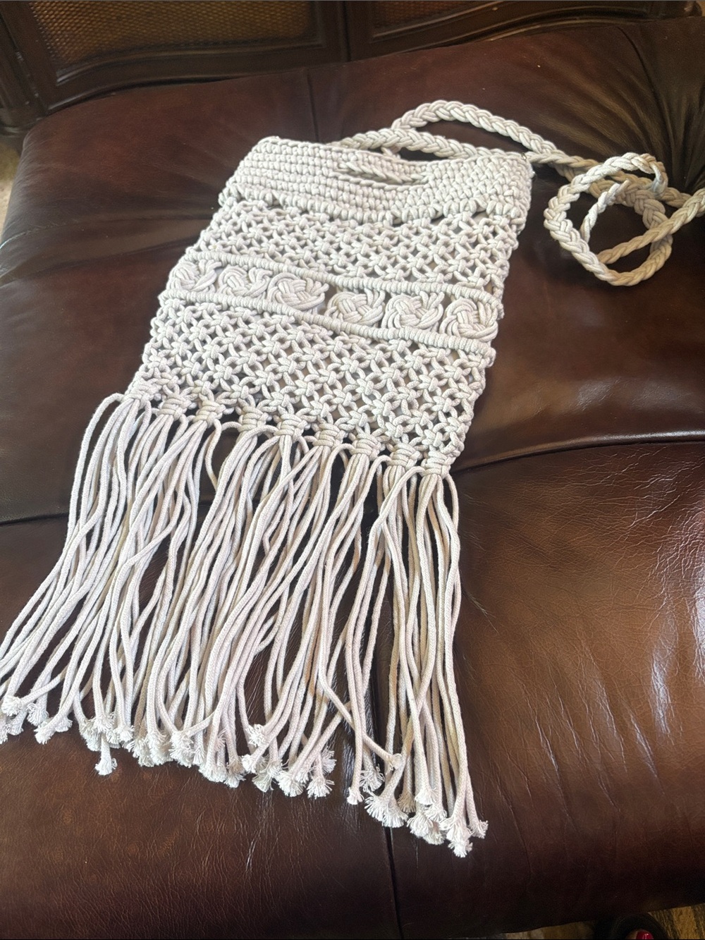La Regale Cream Macramé Fringe Crossbody Shoulder Bag